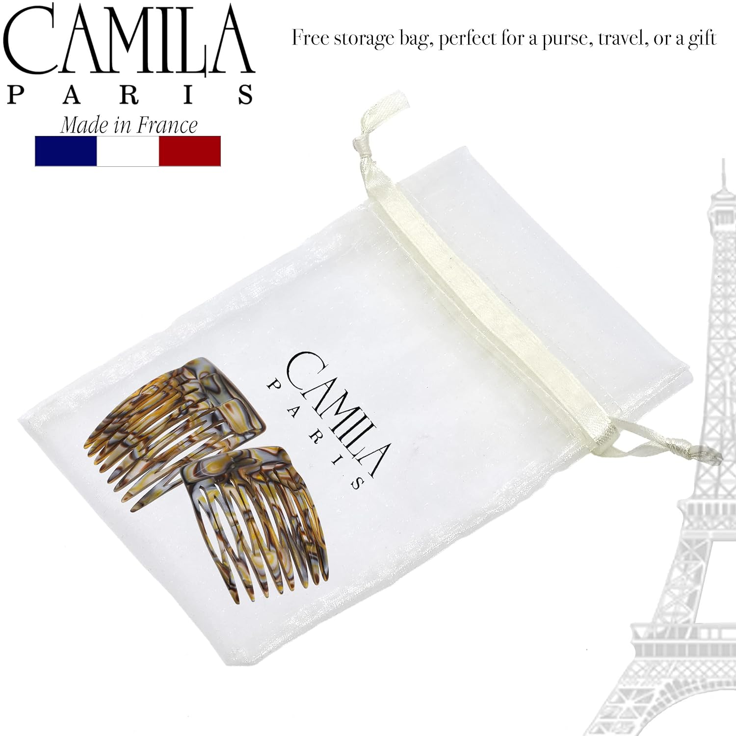 Camila Paris Gray/White Detangling French side comb cellulose acetate handmade