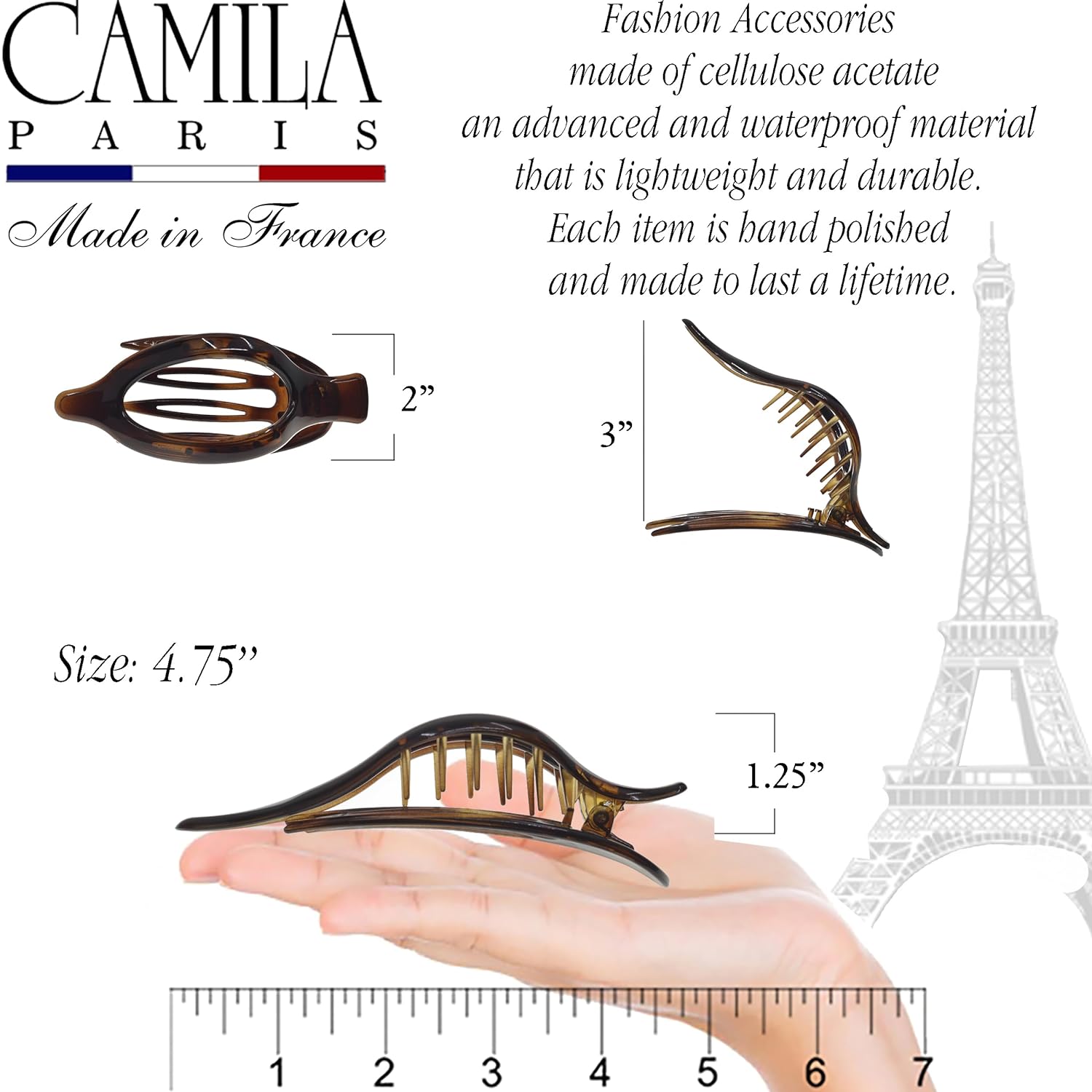 Camila Paris Gray French hair clip cellulose acetate